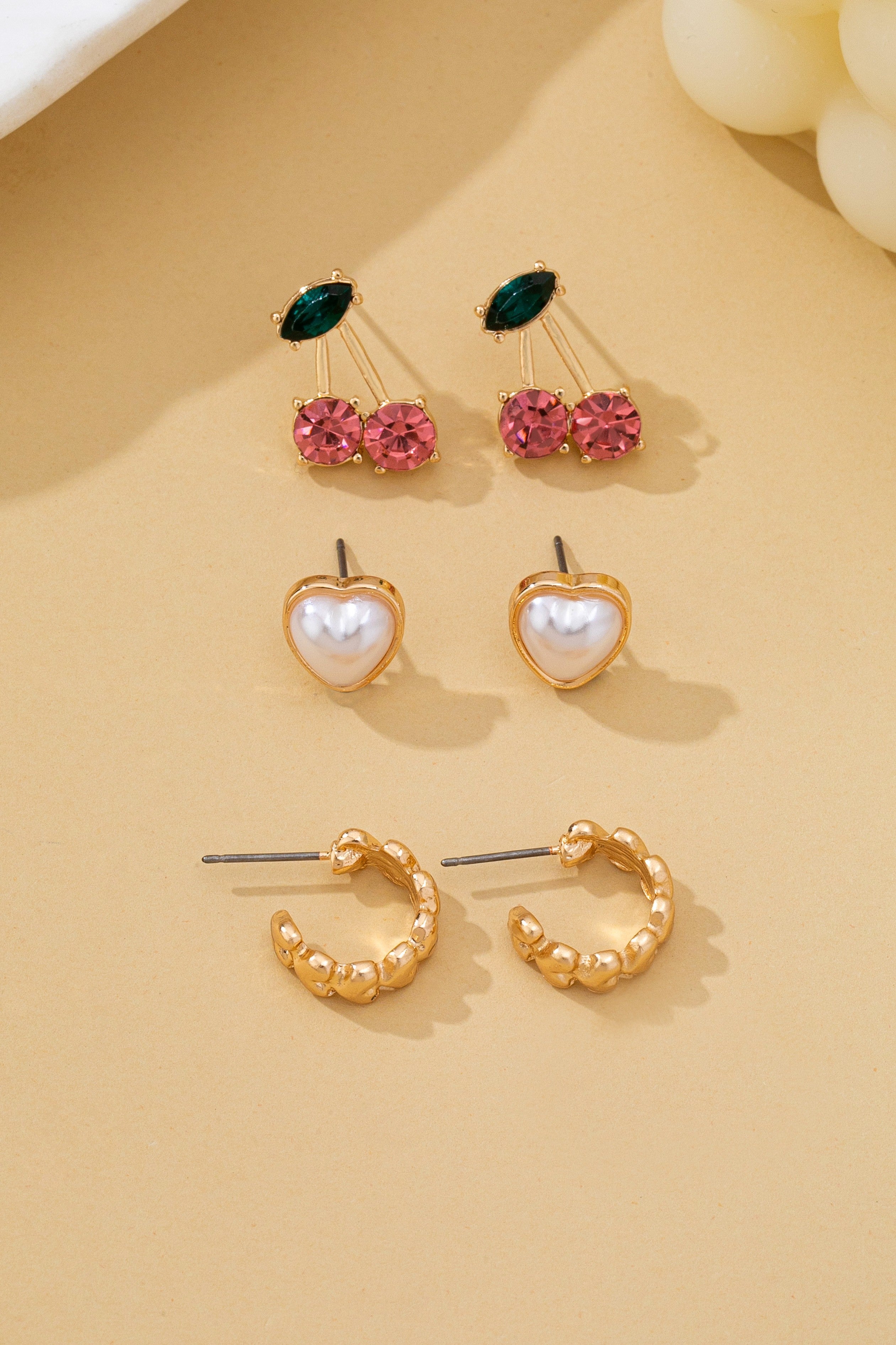 TRIO HEART, CHERRY, EARRING SET