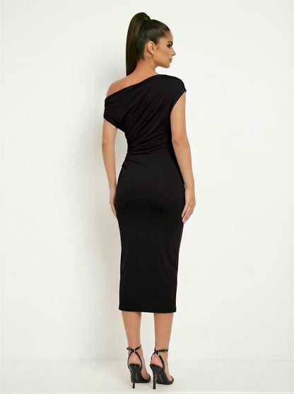 ARIA ASYMETRICAL MIDI DRESS (BLACK)