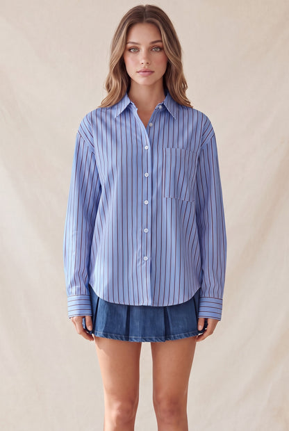 SOPHIE STRIPED BUTTON UP TOP (BLUE)