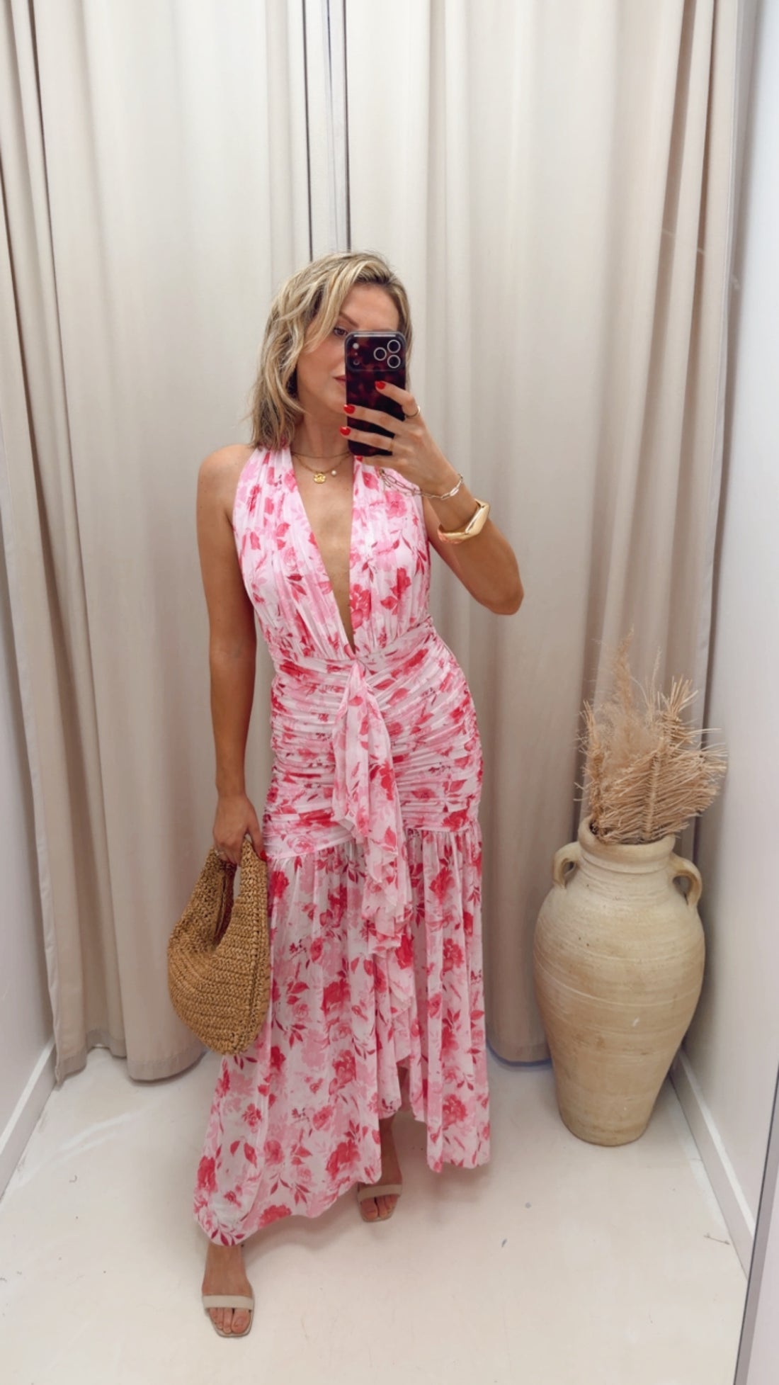 FLORAL PRINTED MESH HALTER NECK MAXI DRESS (PINK MULTI)