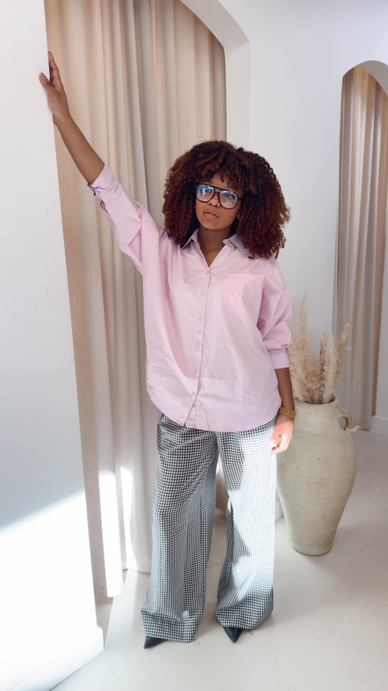 GINGHAM WIDE LEG DRAW-WAIST PANT | BLACK