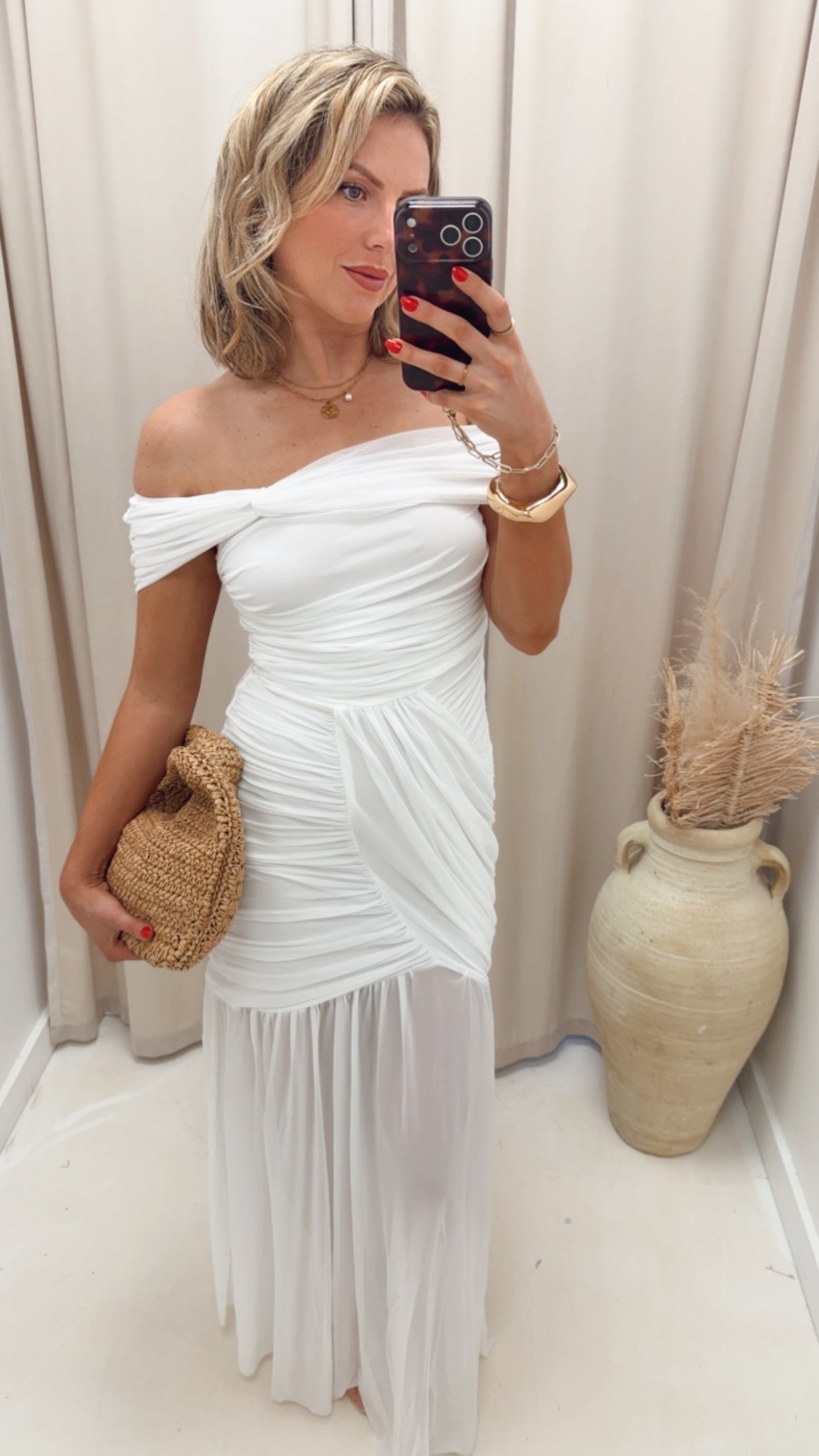 RUCHED MESH OFF SHOULDER MAXI DRESS (WHITE)