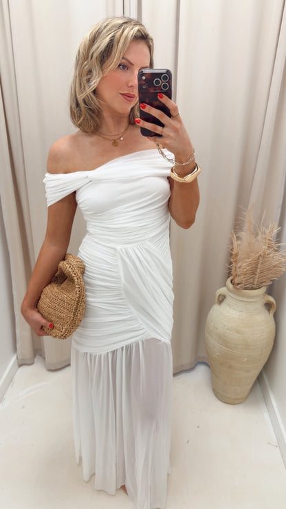 RUCHED MESH OFF SHOULDER MAXI DRESS (WHITE)