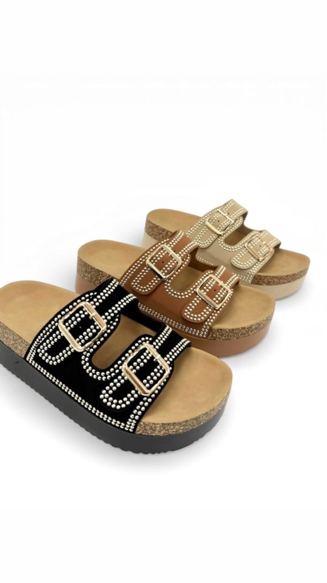DOUBLE BUCKLE CRYSTAL SANDALS (BEIGE)