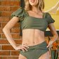 NEW SQUARE NECK PUFF SLEEVE BIKINI CURVY (OLIVE)