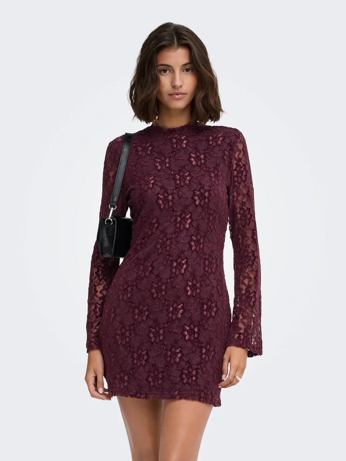 NOLA L/S LACE VELVET DRESS (BURGUNDY) | ONLY