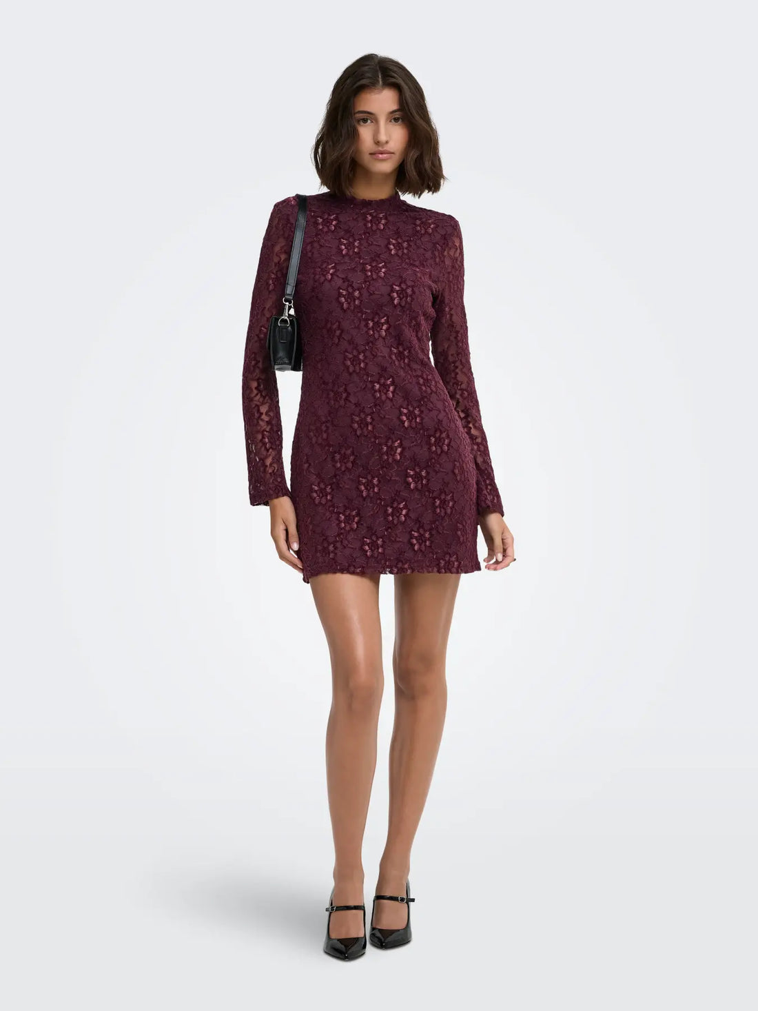 NOLA L/S LACE VELVET DRESS (BURGUNDY) | ONLY