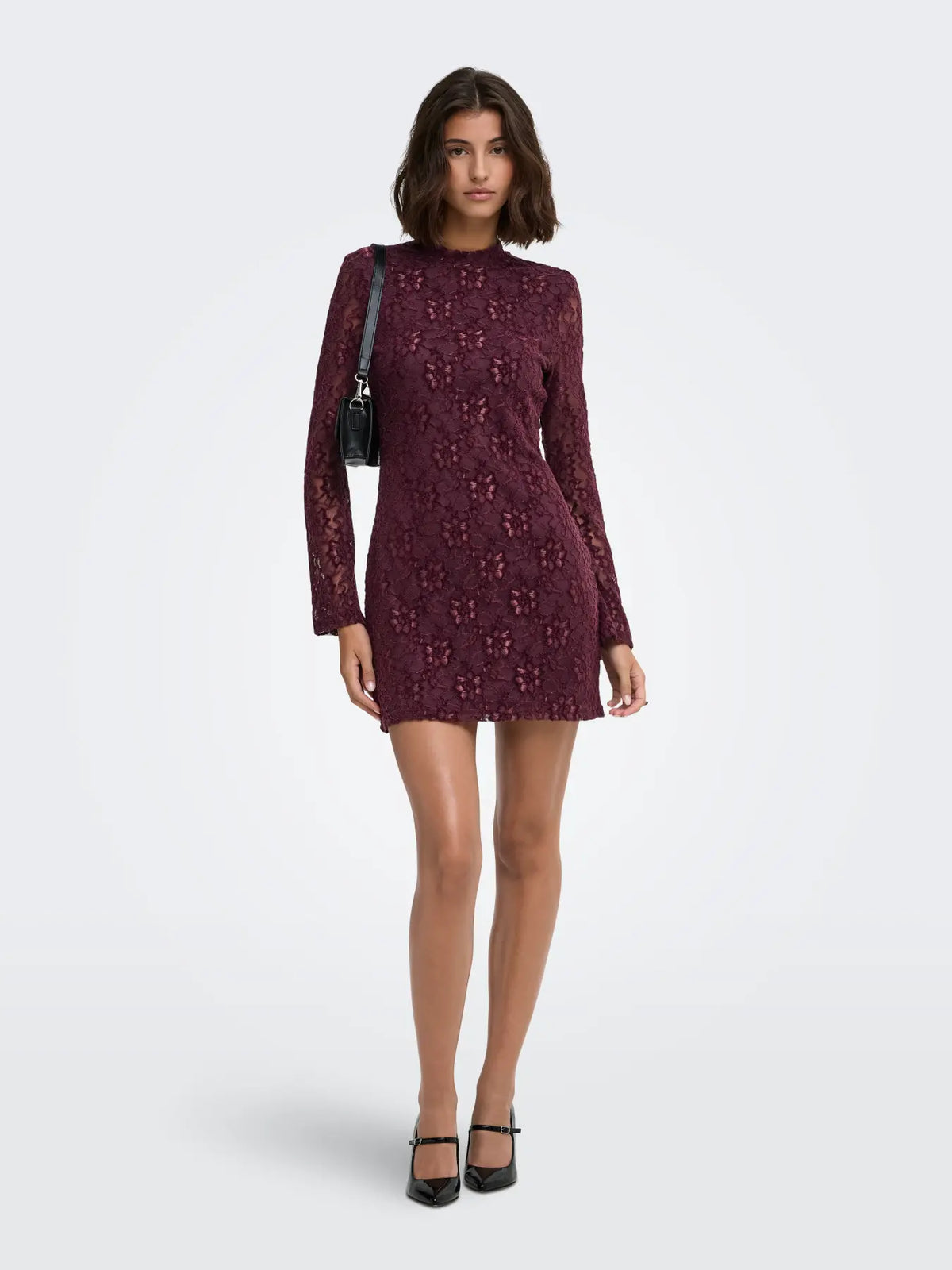 NOLA L/S LACE VELVET DRESS (BURGUNDY) | ONLY