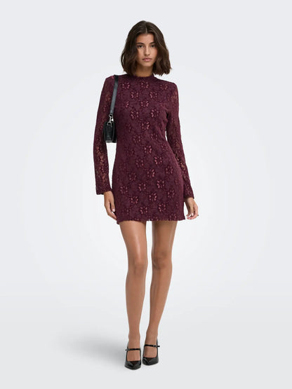 NOLA L/S LACE VELVET DRESS (BURGUNDY) | ONLY