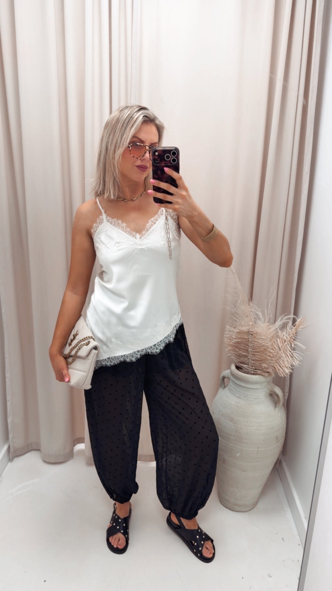 FLOCKED POLKA DOT HAREM PANTS