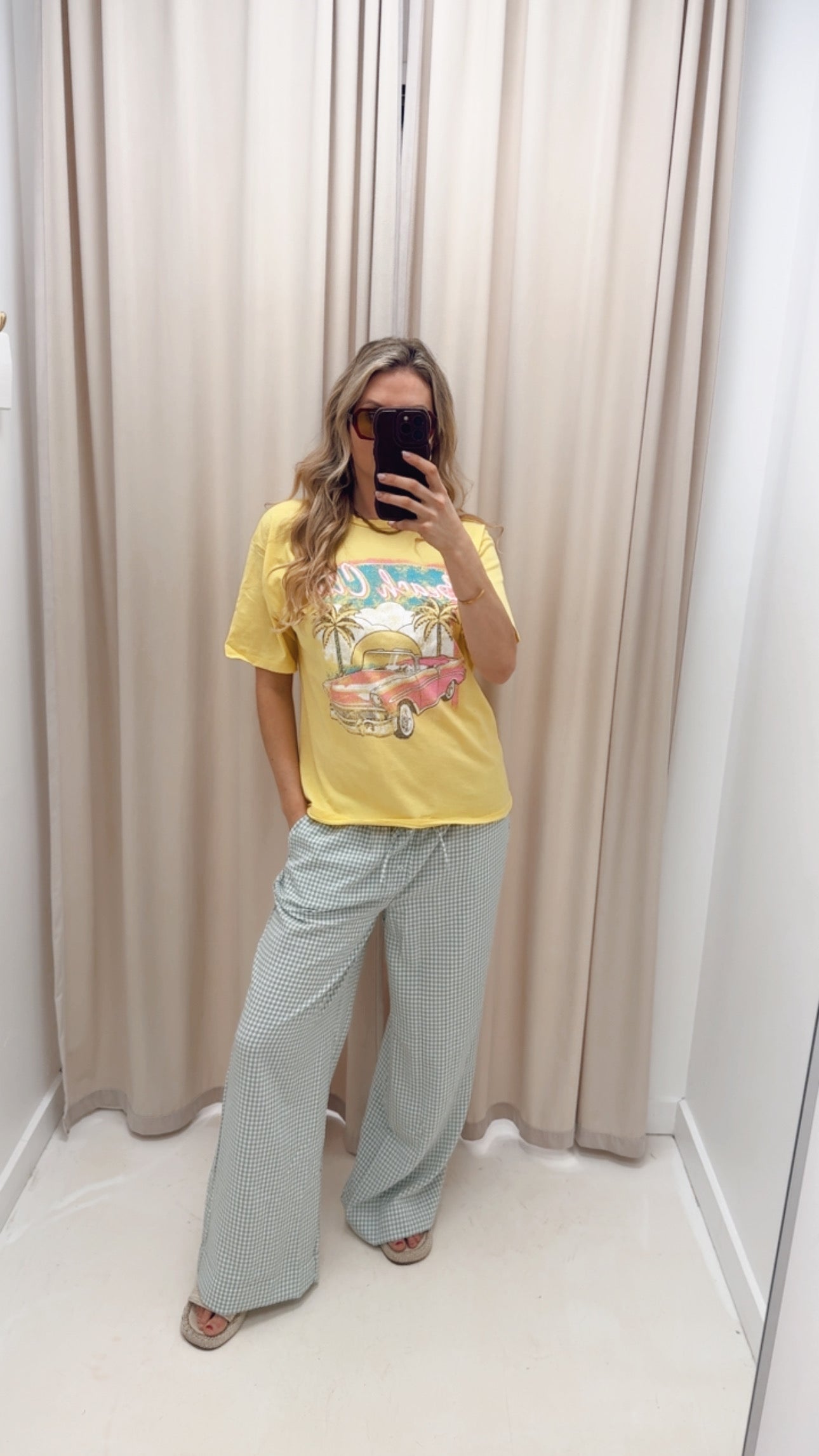 GINGHAM WIDE LEG DRAW-WAIST PANT | SAGE