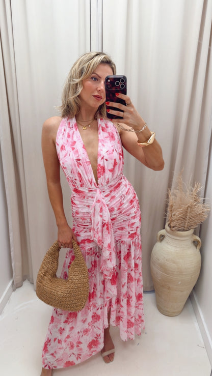 FLORAL PRINTED MESH HALTER NECK MAXI DRESS (PINK MULTI)