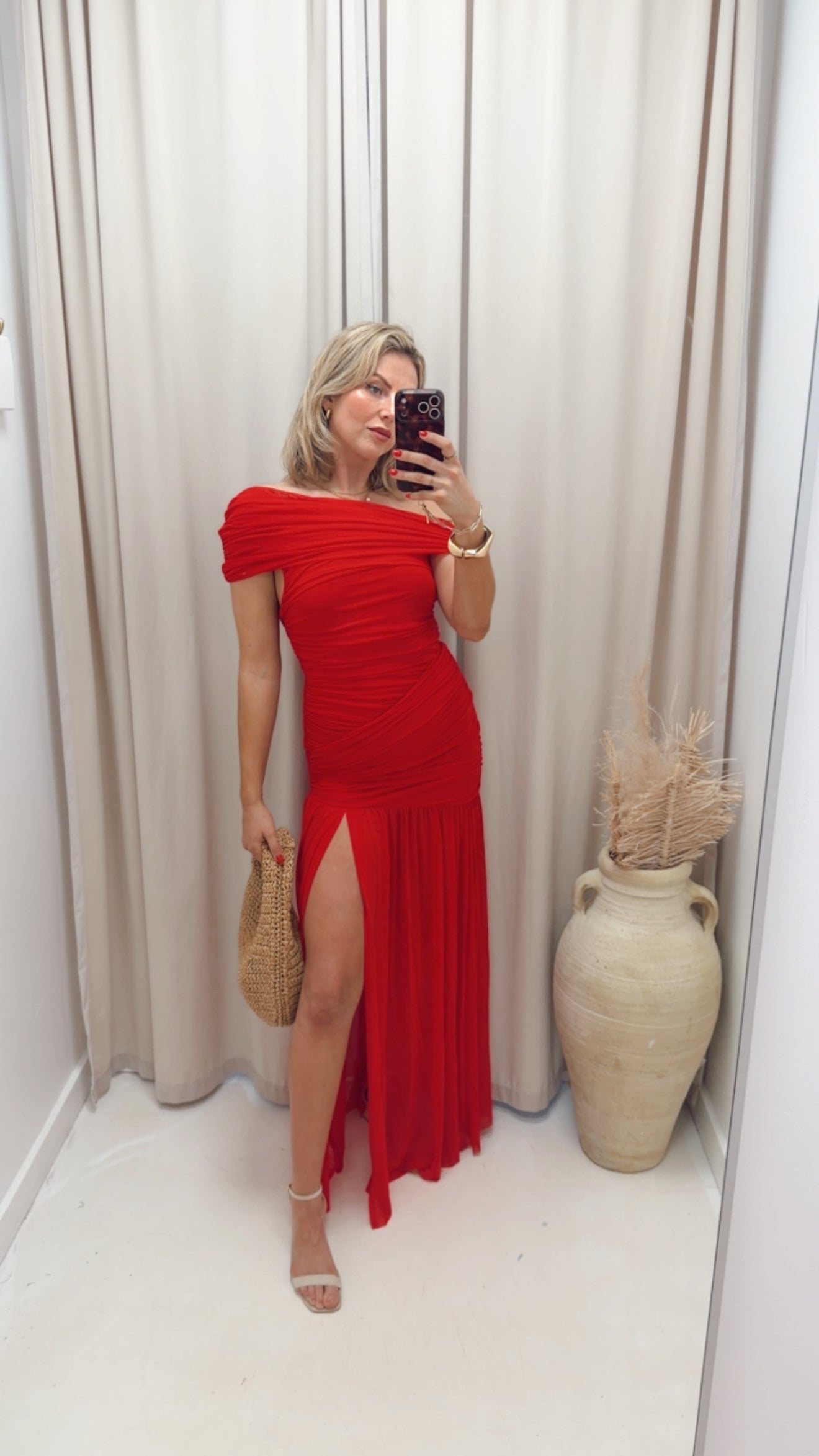 RUCHED MESH ASYMMETRIC MAXI DRESS (RED)