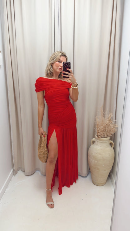 RUCHED MESH ASYMMETRIC MAXI DRESS (RED)