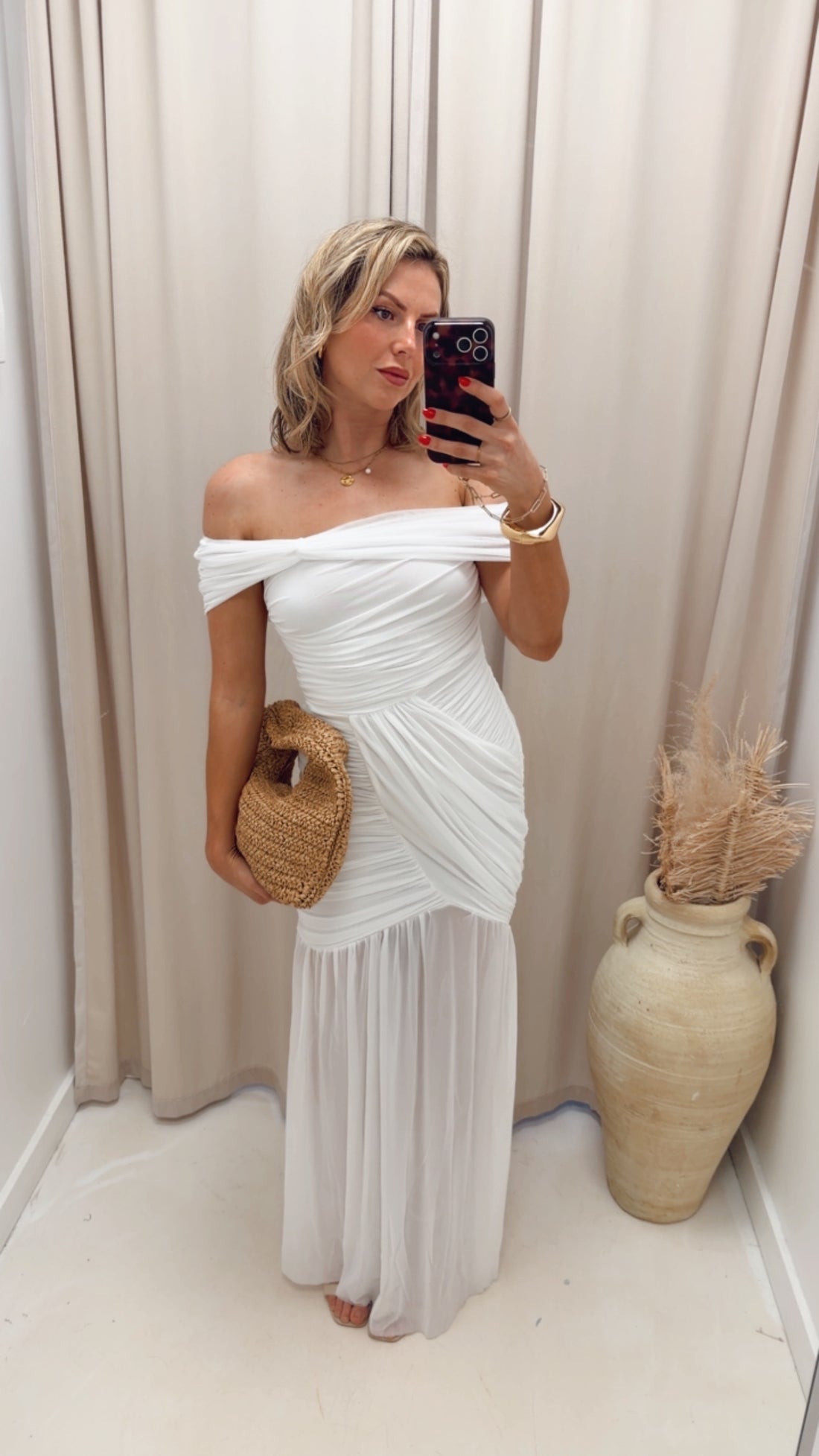 RUCHED MESH OFF SHOULDER MAXI DRESS (WHITE)