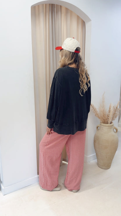 GINGHAM WIDE LEG DRAW-WAIST PANT | RED