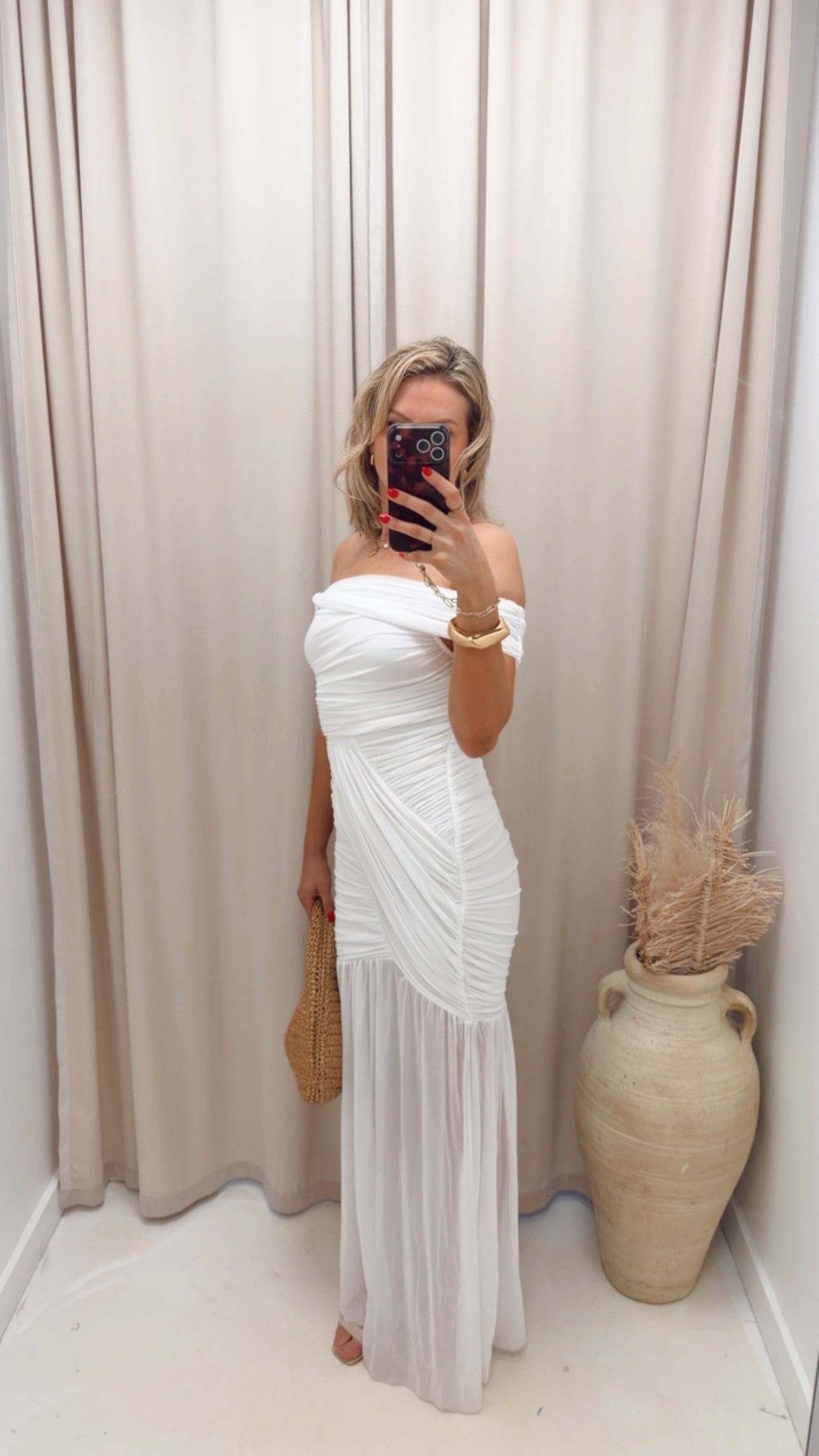 RUCHED MESH OFF SHOULDER MAXI DRESS (WHITE)