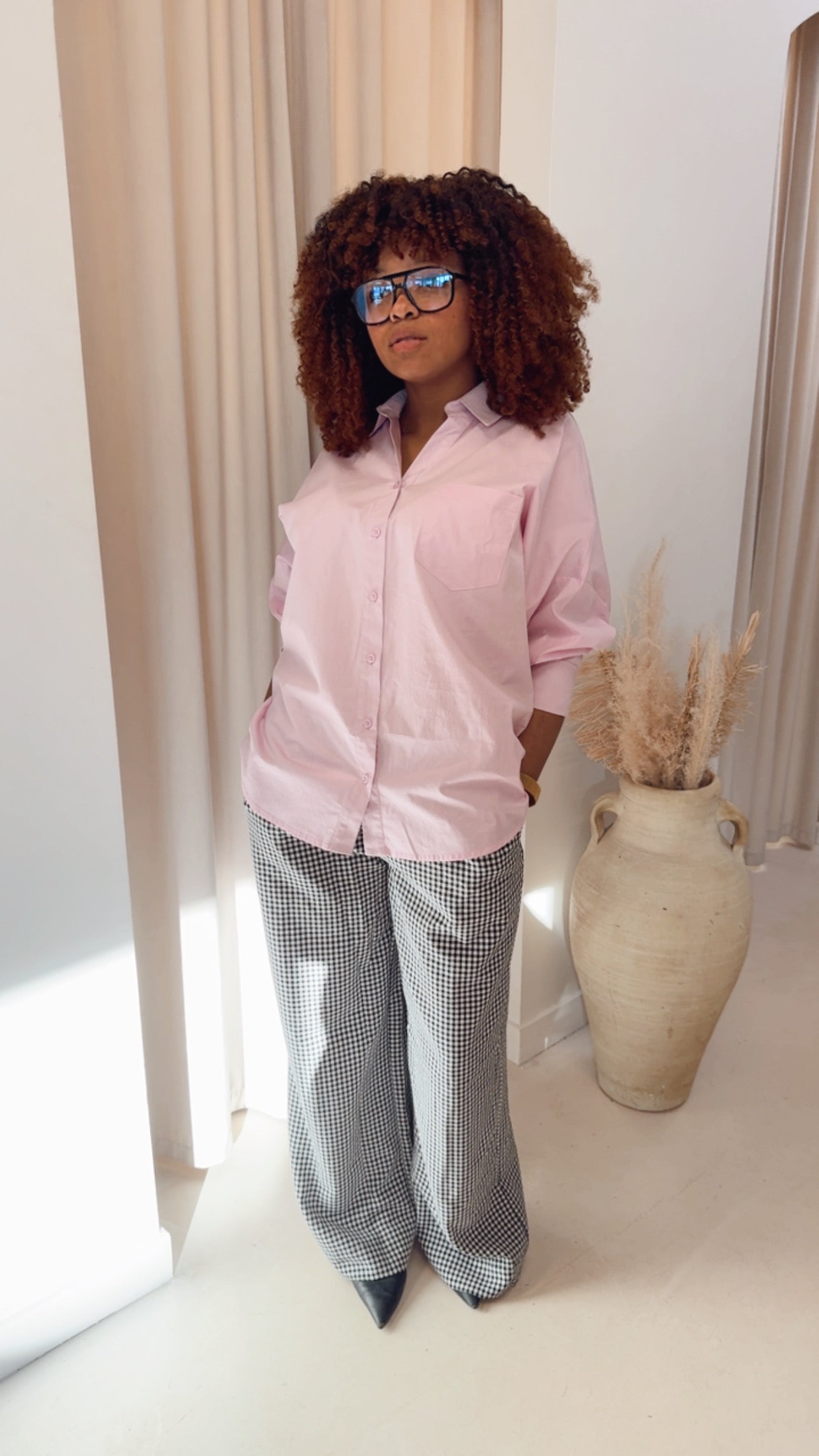 GINGHAM WIDE LEG DRAW-WAIST PANT | BLACK