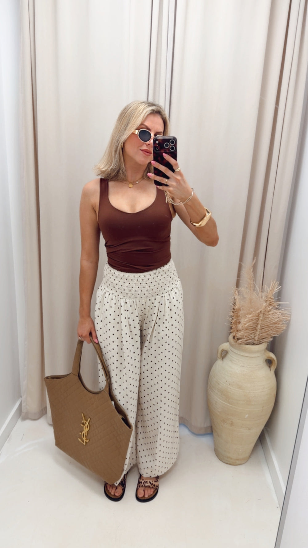 POLKA DOT LINEN WIDE LEG PANTS
