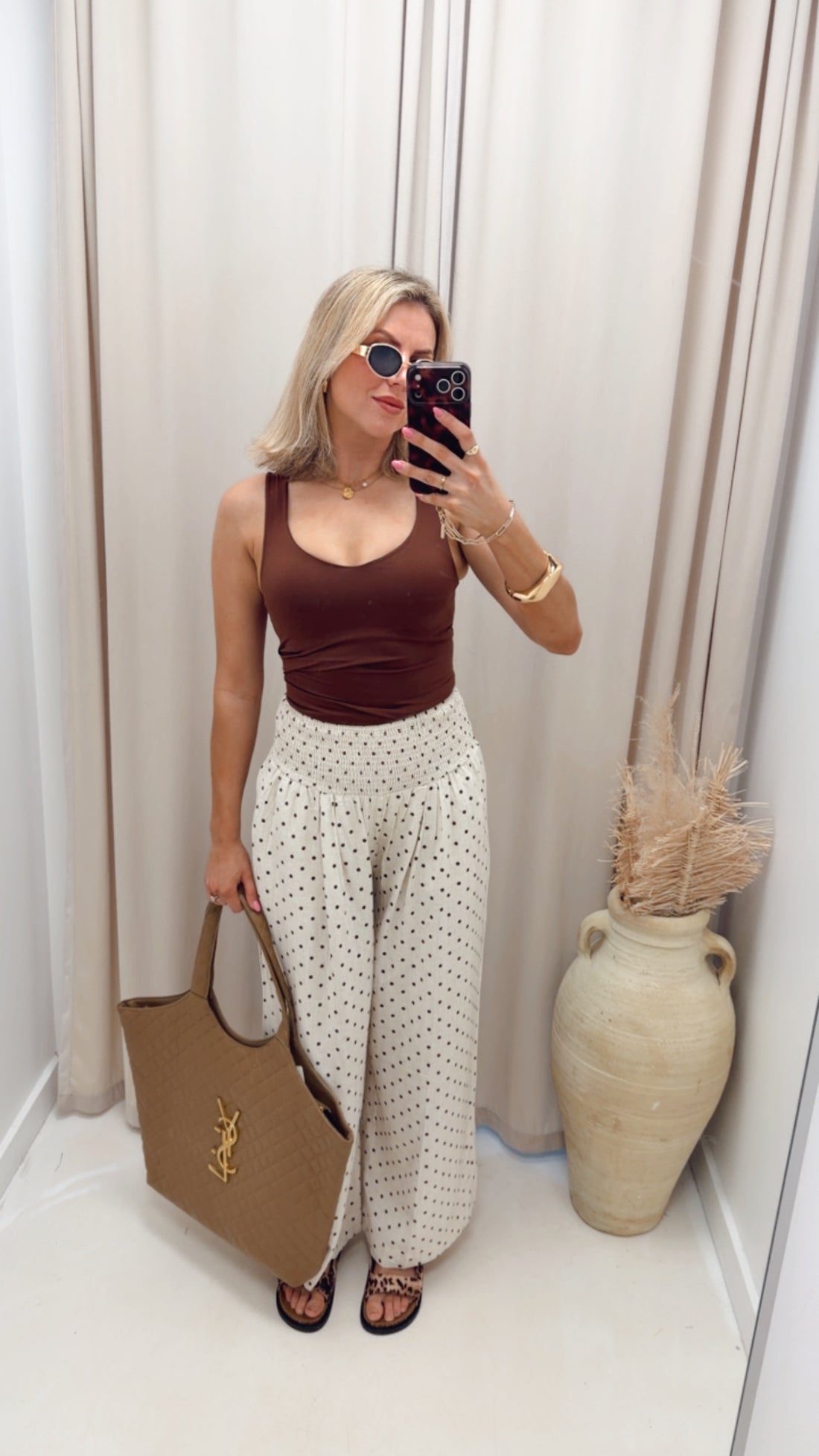 POLKA DOT LINEN WIDE LEG PANTS