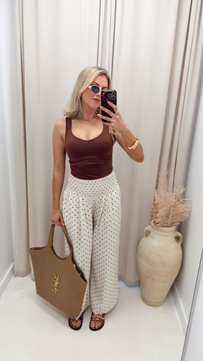 POLKA DOT LINEN WIDE LEG PANTS