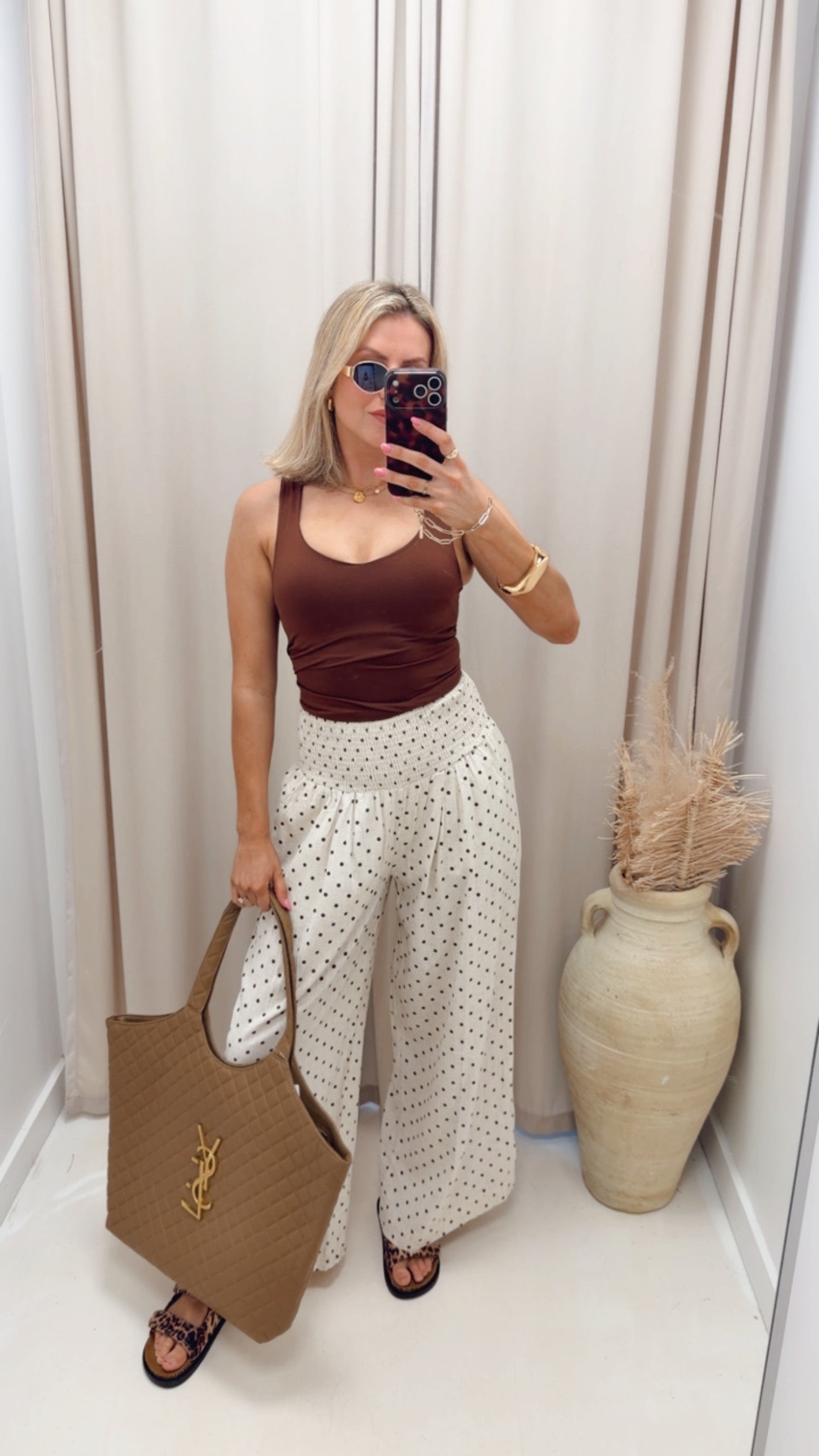 POLKA DOT LINEN WIDE LEG PANTS