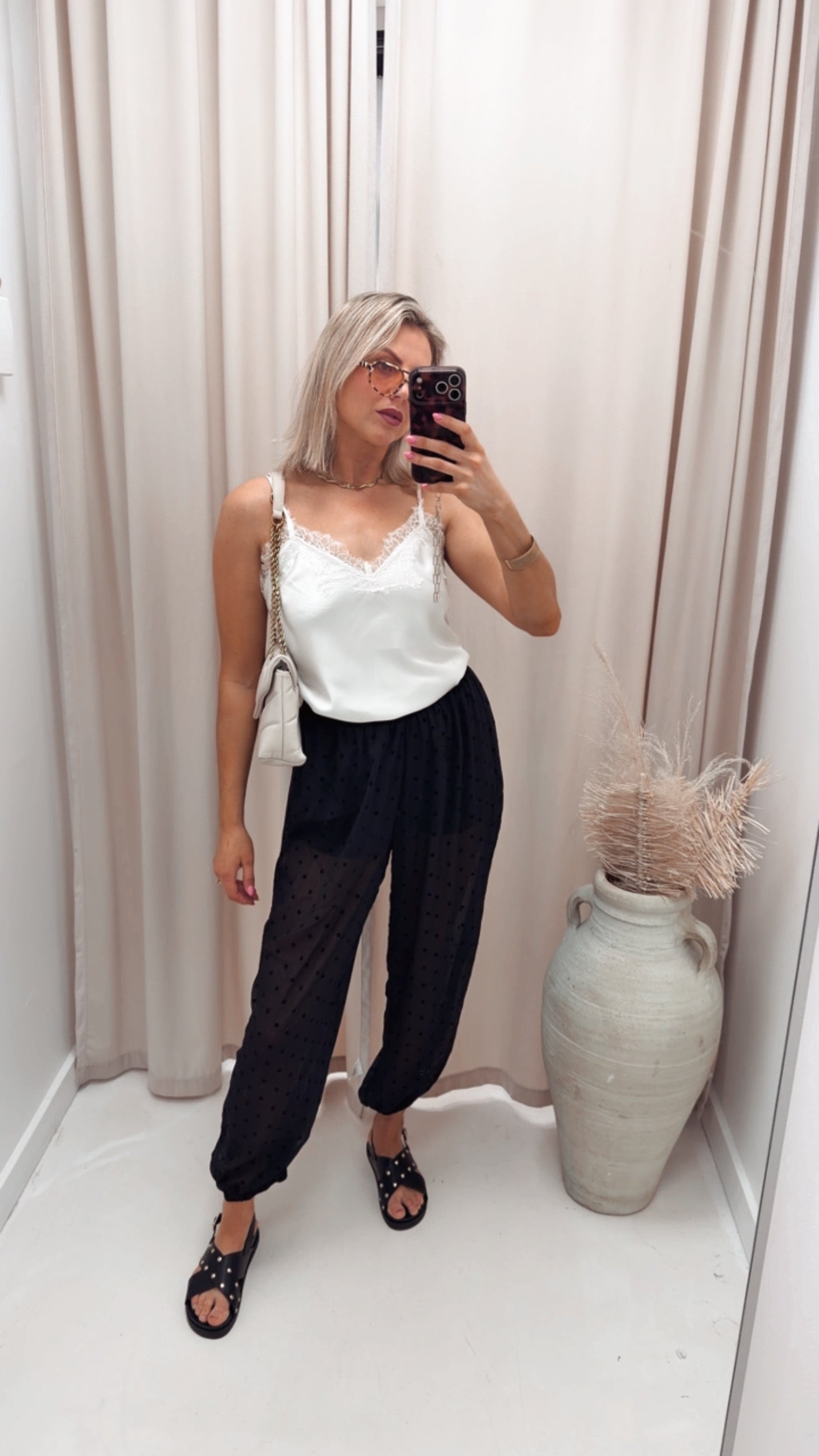 FLOCKED POLKA DOT HAREM PANTS
