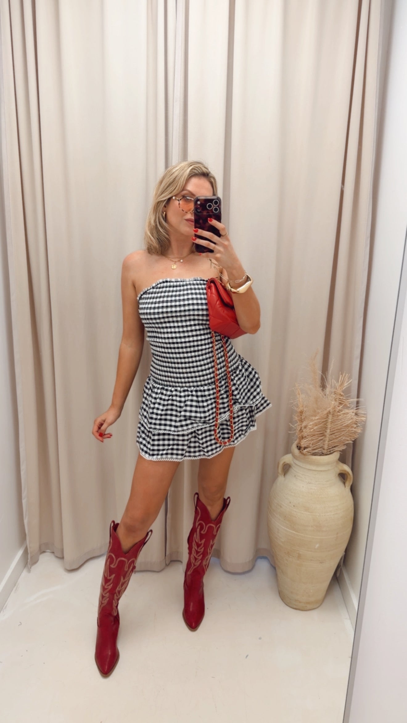 PLAID STRAPLESS MINI DRESS