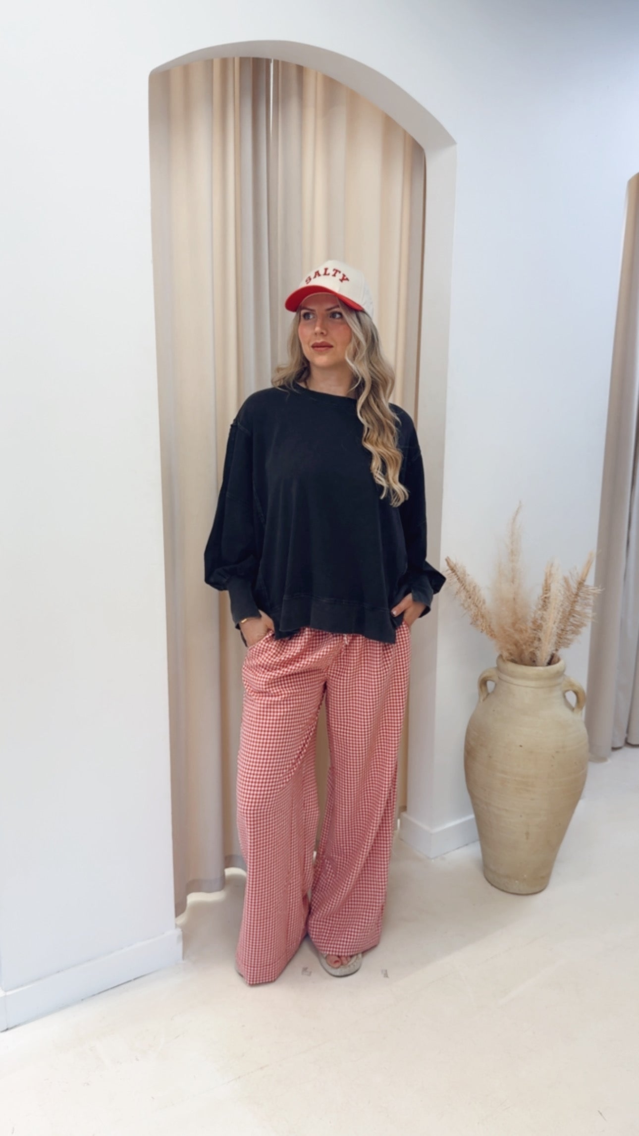 GINGHAM WIDE LEG DRAW-WAIST PANT | RED