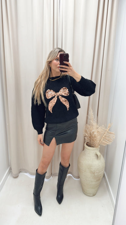 HOLLY RIBBED SEQUIN BOW KNIT SWEATER