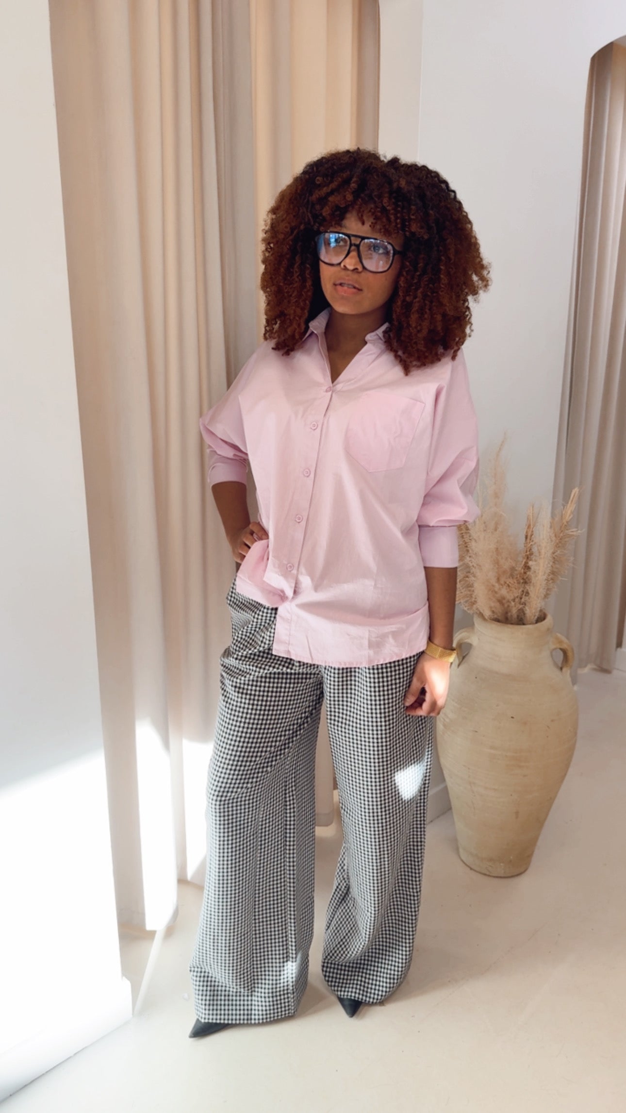 GINGHAM WIDE LEG DRAW-WAIST PANT | BLACK