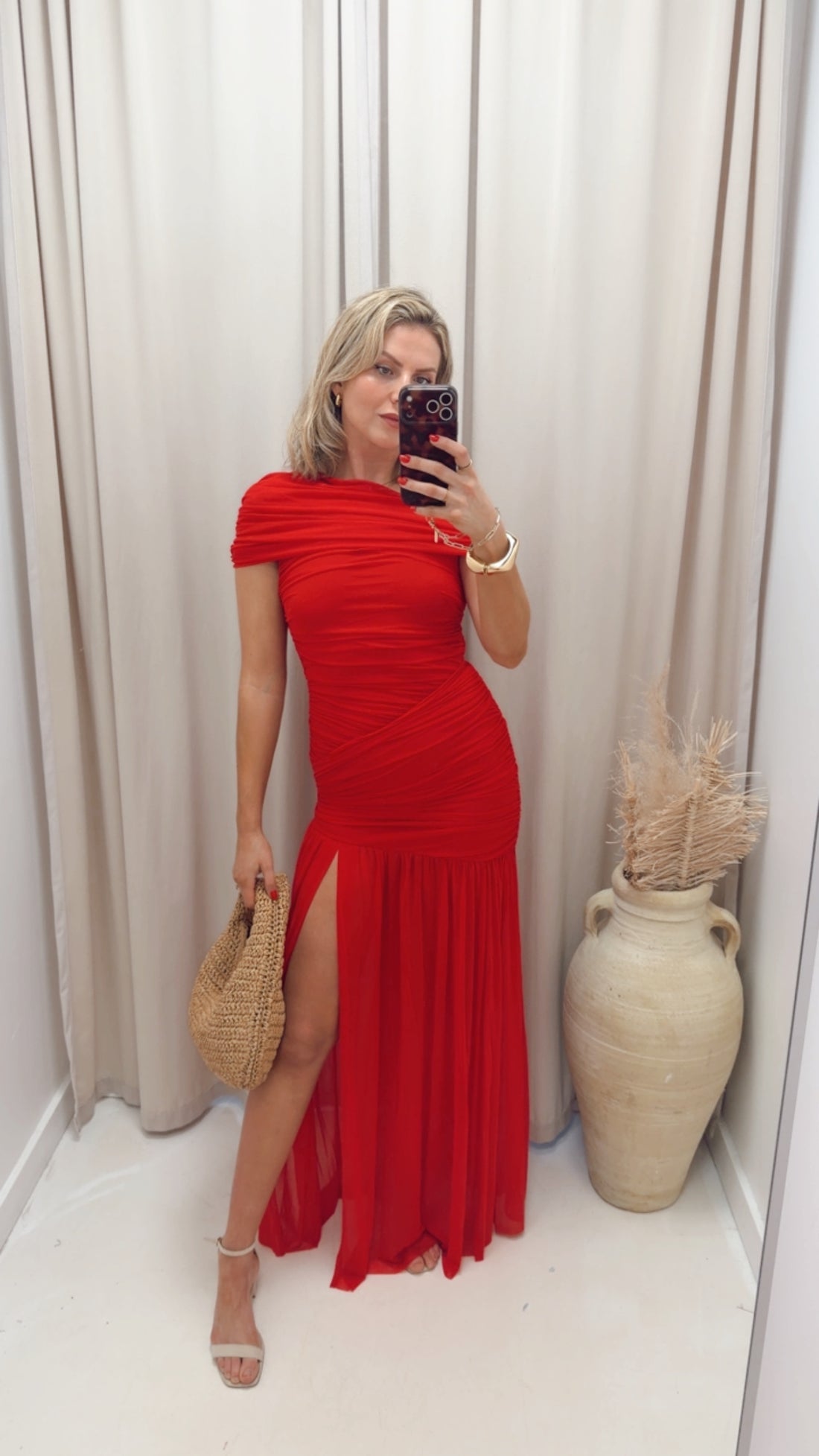 RUCHED MESH ASYMMETRIC MAXI DRESS (RED)