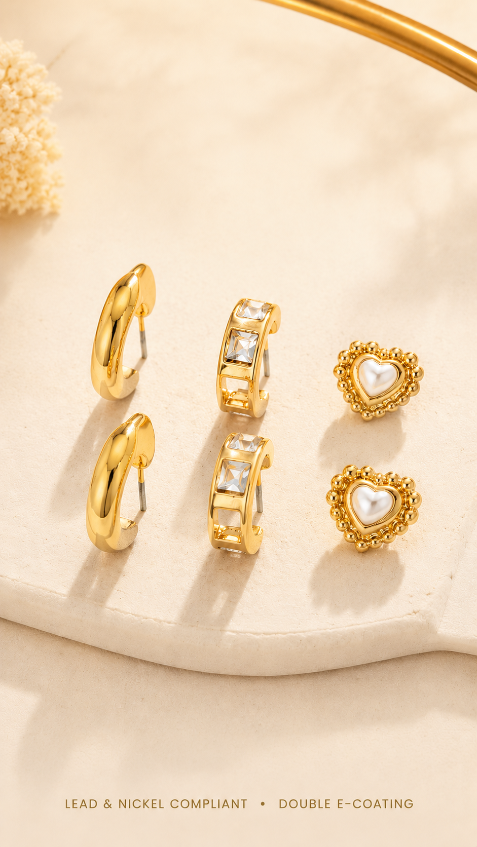 PEARL HEART &amp; RHINESTONE TRIO EARRINGS