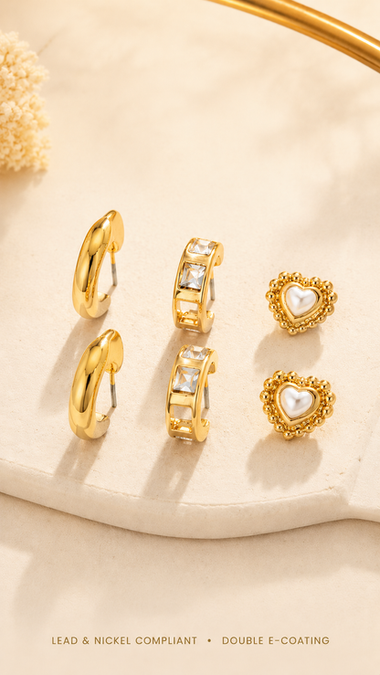 PEARL HEART &amp; RHINESTONE TRIO EARRINGS