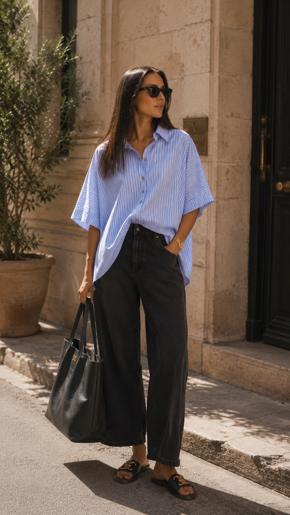OVERSIZED STRIPE BUTTON-DOWN STRETCH KNIT SHIRTS (BLUE)