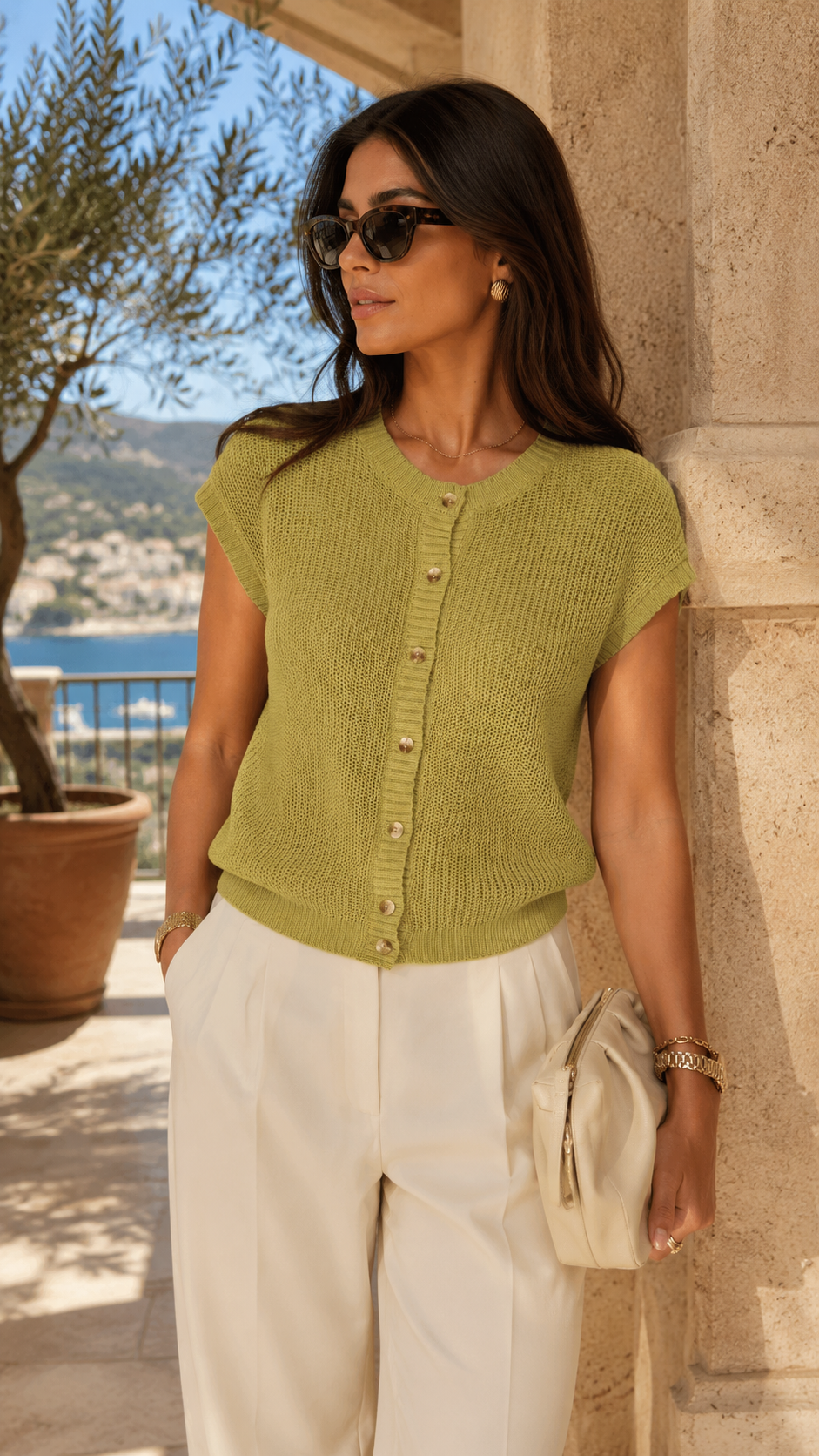 SHORT SLEEVE BUTTON DOWN KNIT CARDIGAN VEST (APPLE GREEN)