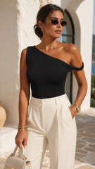 ASYMMETRICAL NECK TWIST SHOULDER KNIT BODYSUIT (BLACK)