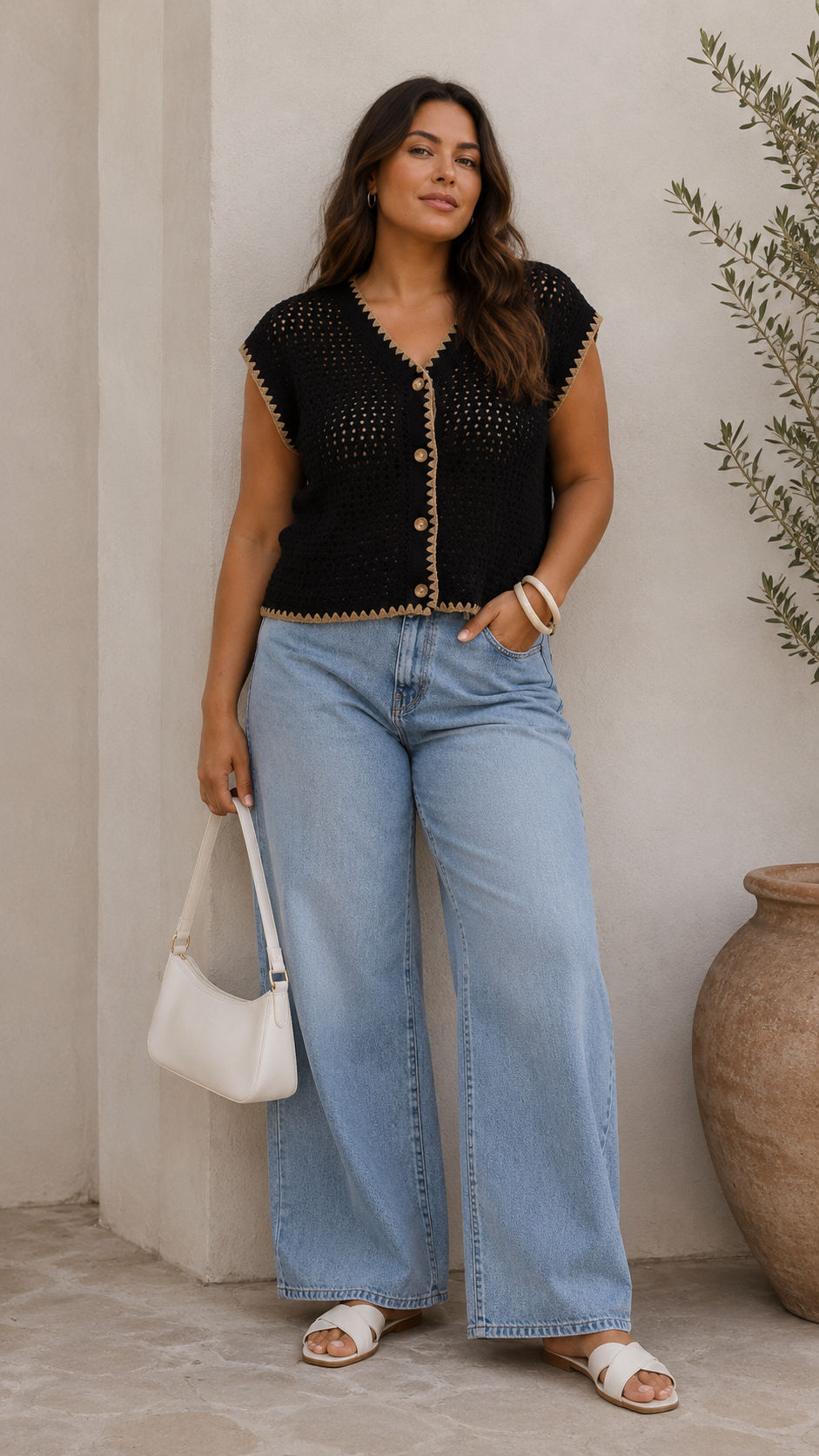 CONTRAST STITCH CROCHET KNIT SHORT SLEEVE CARDIGAN (BLACK)