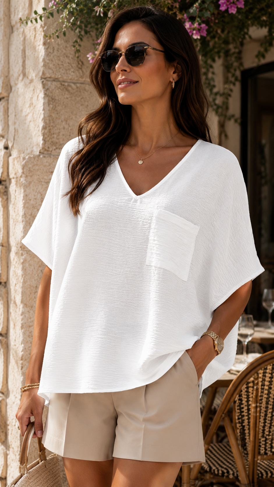 WOVEN AIRFLOW V-NECK DOLMAN SHORT SLEEVE TOP (WHITE)