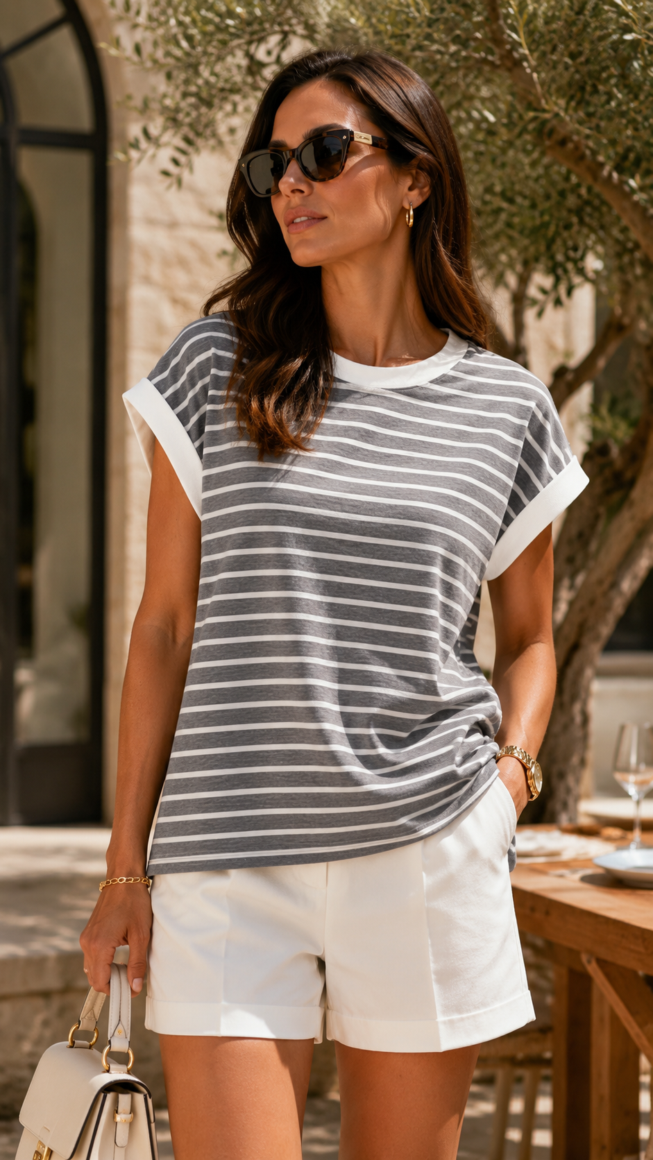 CONTRAST TRIM CAP SLEEVE STRIPE TEE (CHARCOAL)