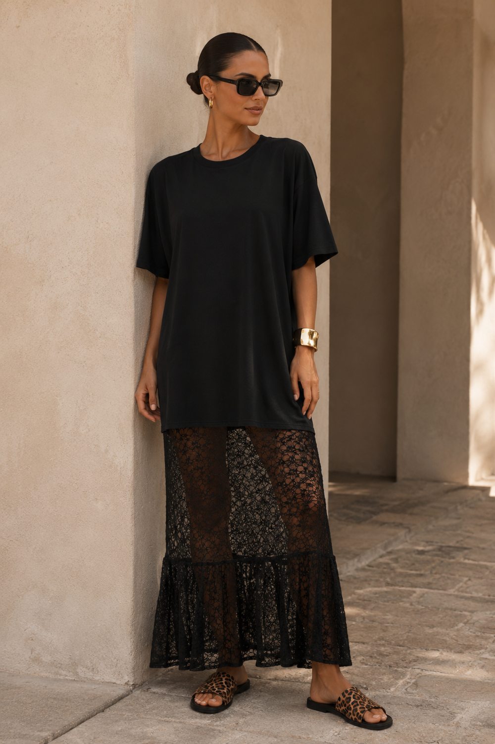 MILLY T-SHIRT LACE MAXI DRESS (BLACK) | NOISY MAY
