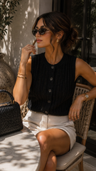 CREW NECK BUTTON DOWN SLEEVELESS KNIT CARDIGAN (BLACK)