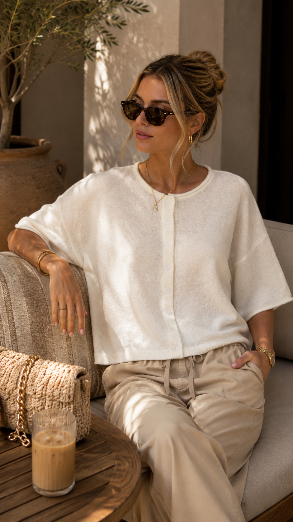RAW EDGE SHORT SLEEVE BUTTON DOWN BOXY CARDIGAN (IVORY)