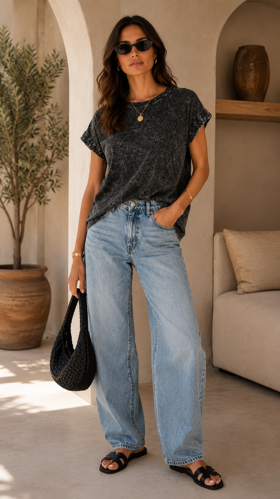 CRINKLE WASHED ROUND NECK FOLDED SHORT SLEEVE TEE (ASH BLACK)