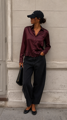 LINDONA SATIN LACE SHIRT (BURGUNDY)