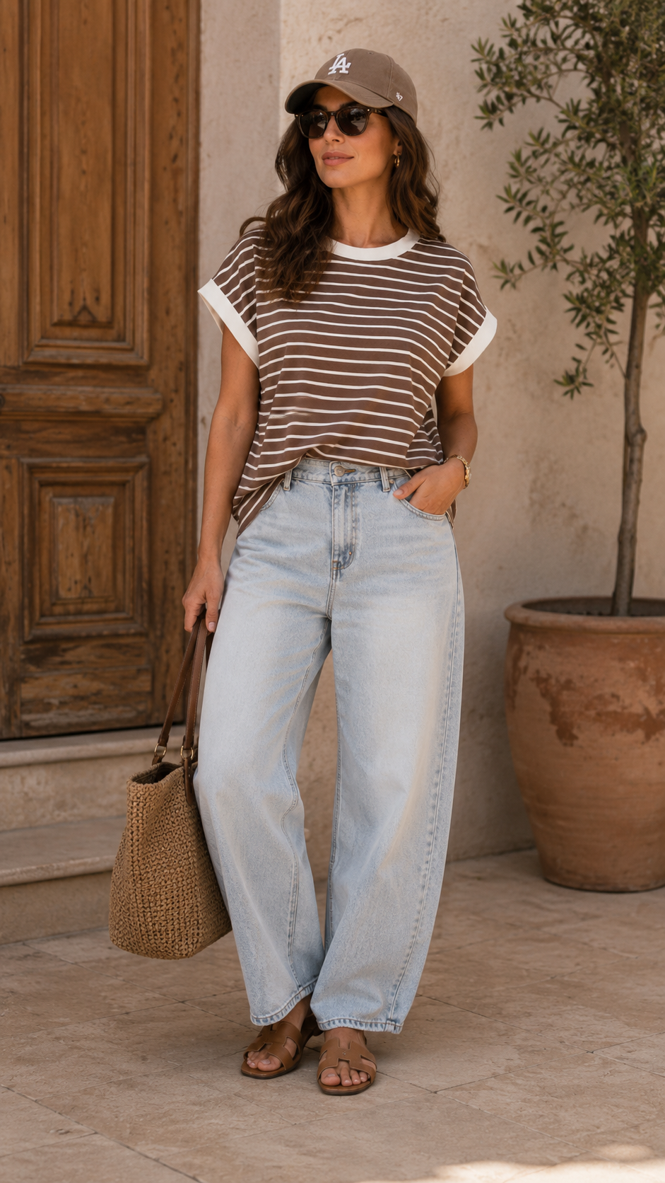 CONTRAST TRIM CAP SLEEVE STRIPE TEE (BROWN)