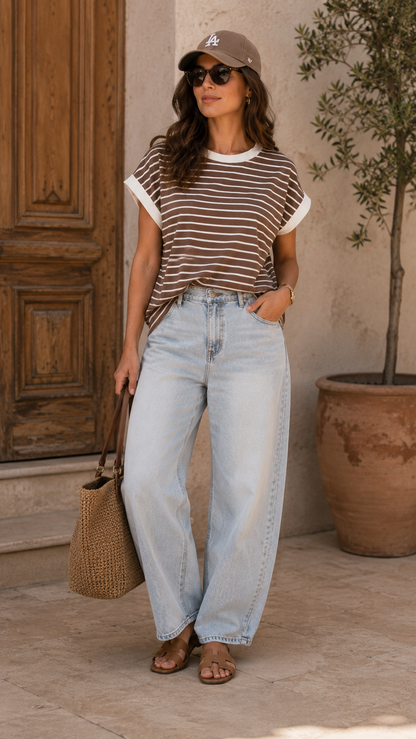 CONTRAST TRIM CAP SLEEVE STRIPE TEE (BROWN)
