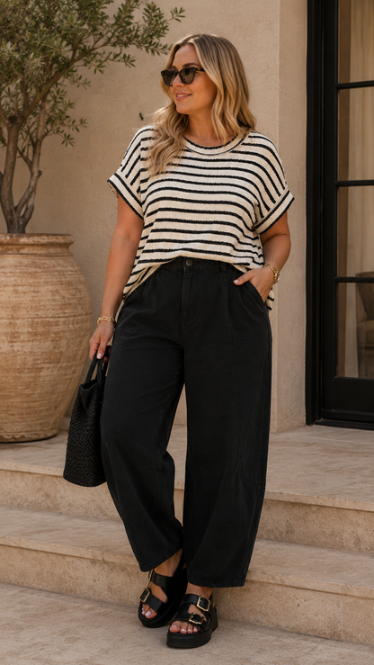 JACQUARD STRIPED SHORT SLEEVE HI-LOW TEE (BLACK)
