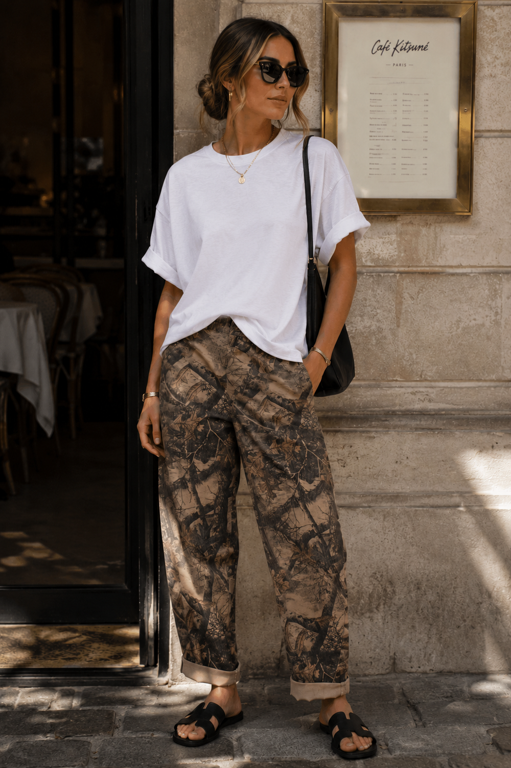 VINTAGE WASHED CAMO LEAF PRINT BARREL PANTS