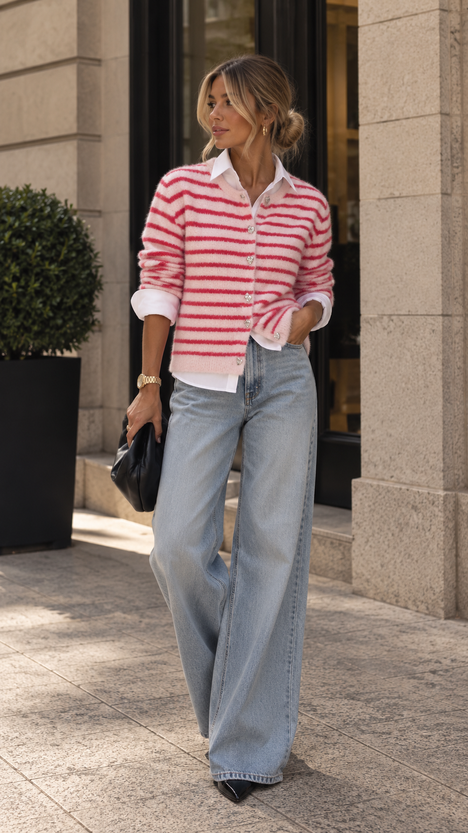 KERRY PIUMO BUTTON STRIPED CARDIGAN (RED)  | ONLY